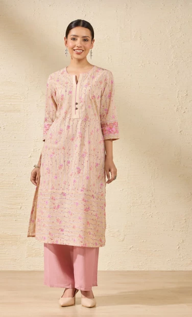 Beige Sanganeri Block Printed Pure Cotton Kurta