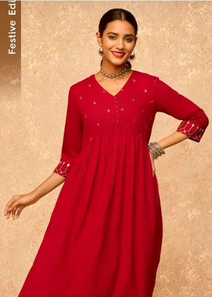 Dark Pink Embroidered Viscose Kurta