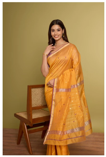 Orange Woven Pure Silk Cotton Chanderi Saree