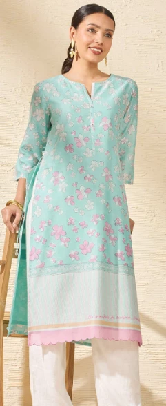 Light Blue Pure Silk Cotton Printed Sanganeri Kurta