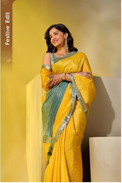 Yellow Woven Viscose Saree