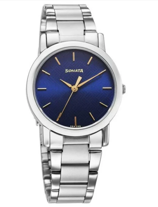 Sonata Classic Quartz Analog Blue Dial Silver Stainless Steel Strap Watch for Men