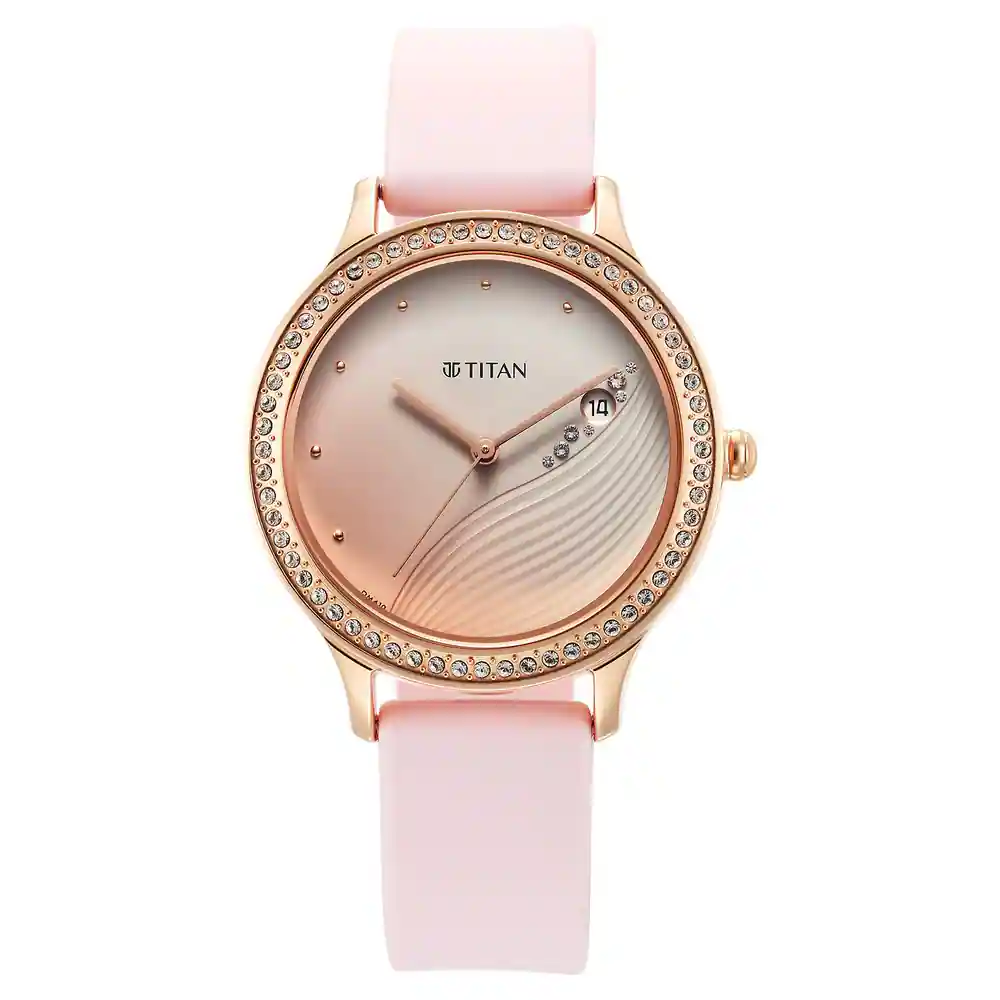 Titan Purple Glam It Up Pink Dial Quartz Analog with Date Watch for Women with Pink Colour Silicone Strap